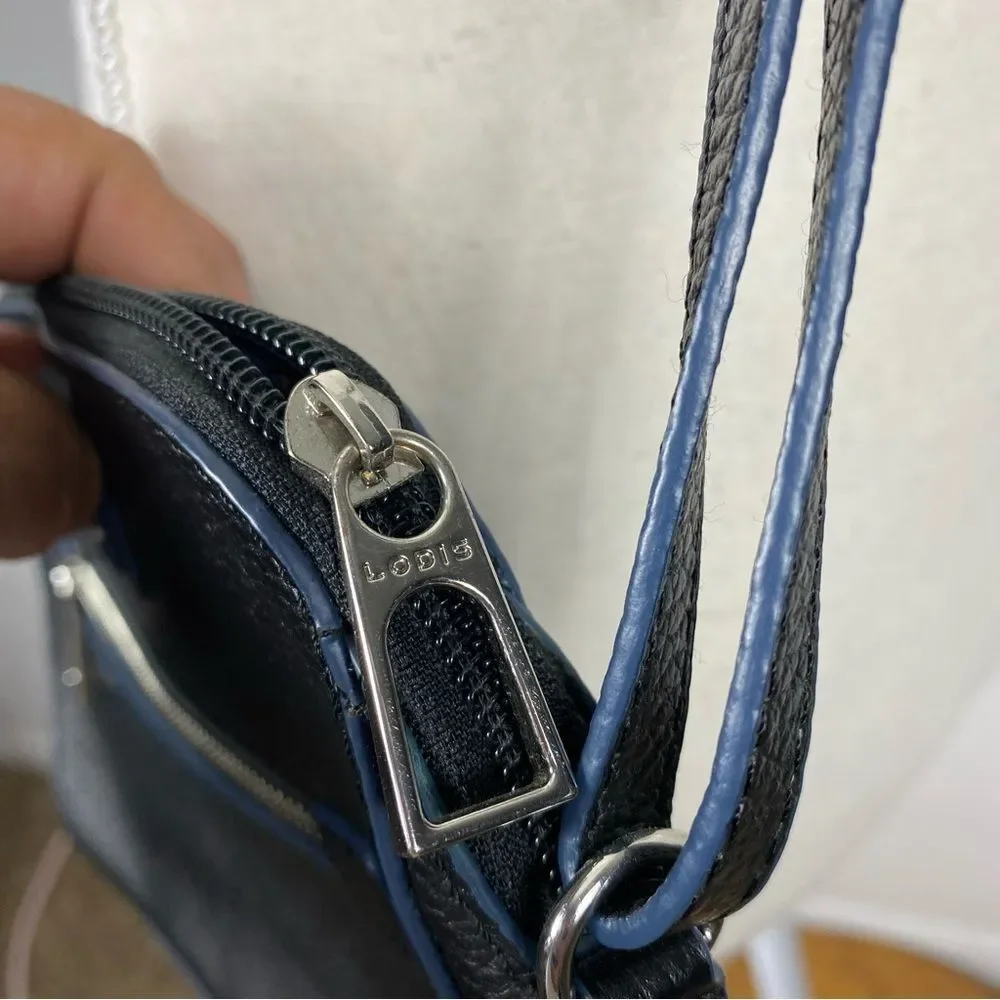 Lodis Charlotte crossbody bag in black pebble-grain leather with navy blue trim
